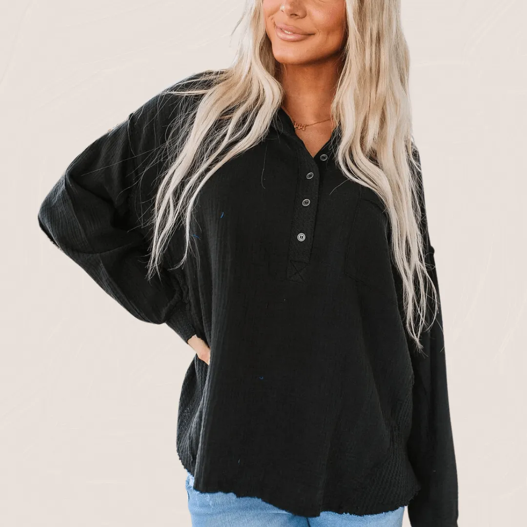 Double Gauze Oversized 3/4 Button Henley Neck Top