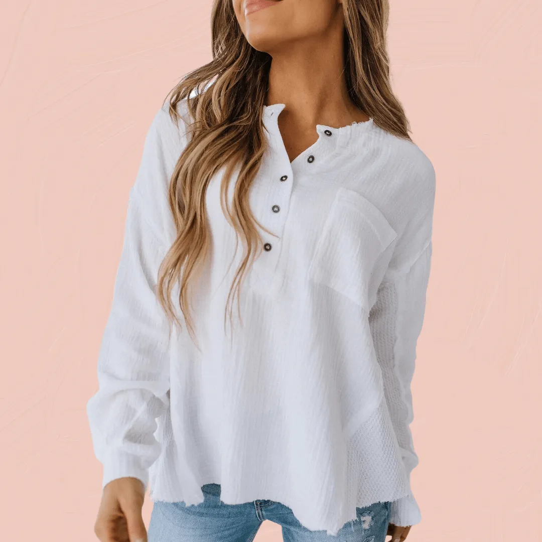 Double Gauze Oversized 3/4 Button Henley Neck Top