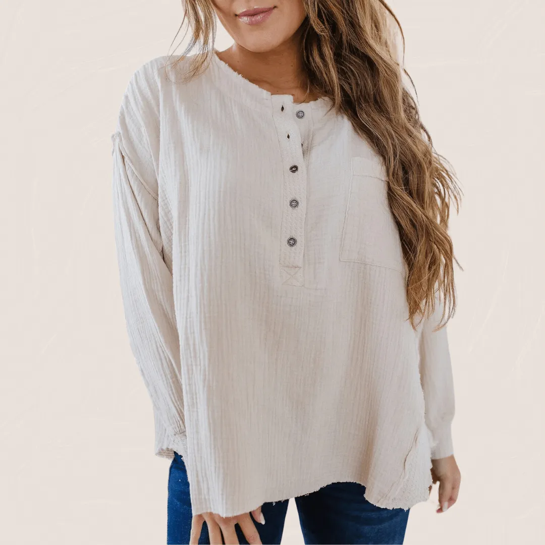 Double Gauze Oversized 3/4 Button Henley Neck Top