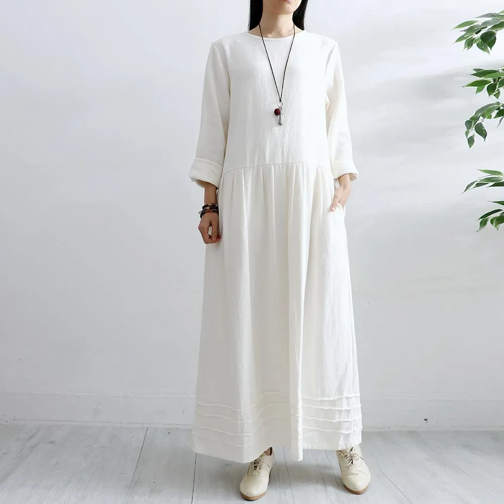 Dunnmall French Long Sleeve Cotton Quilting Clothes Neckline White Loose Dresses Fall ( Limited Stock)