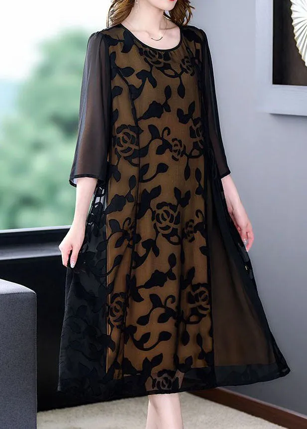 Elegant Black O-Neck Embroideried Patchwork Tulle Dresses Summer LY4611