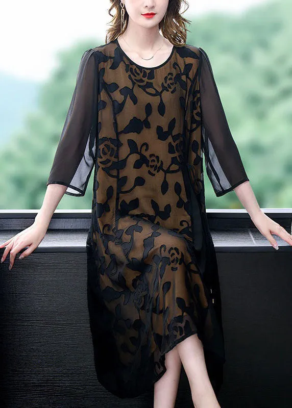 Elegant Black O-Neck Embroideried Patchwork Tulle Dresses Summer LY4611