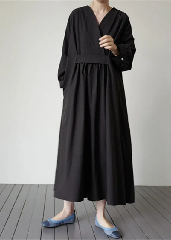 Elegant Black V Neck Pockets Cotton Dresses Long Sleeve