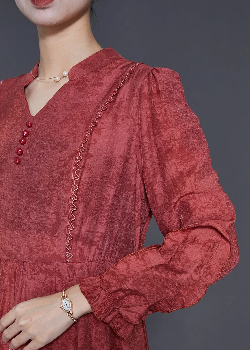 Elegant Red Ruffled Jacquard Cotton Robe Dresses Spring SD1032