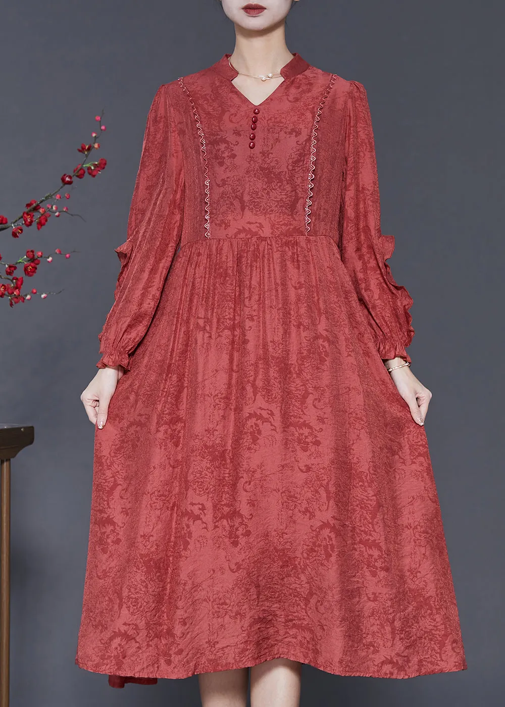 Elegant Red Ruffled Jacquard Cotton Robe Dresses Spring SD1032