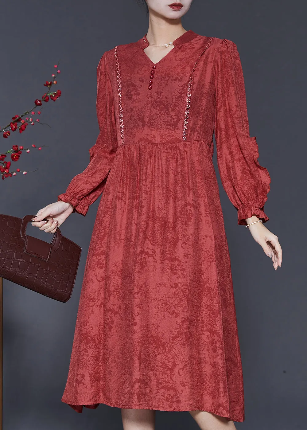 Elegant Red Ruffled Jacquard Cotton Robe Dresses Spring SD1032