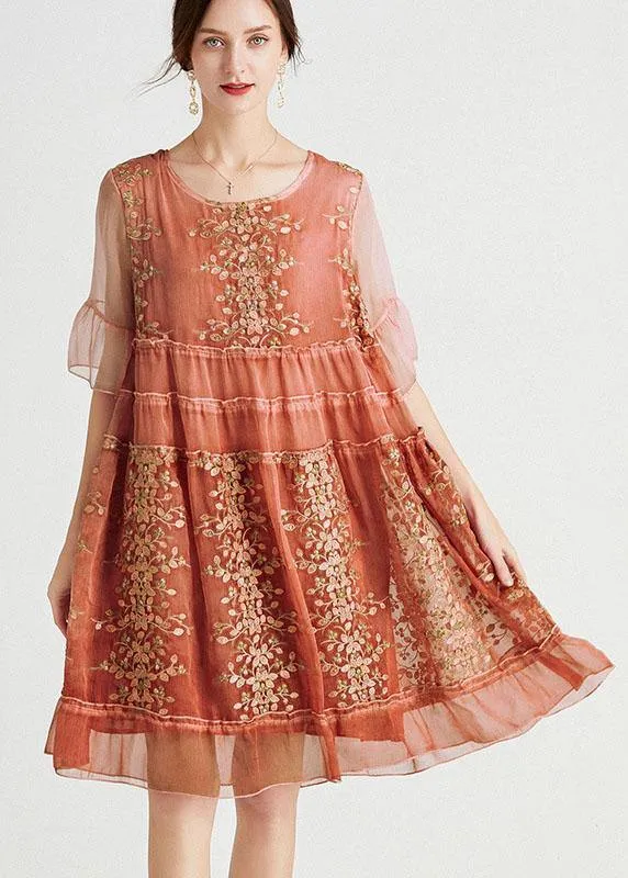 Elegant Rose Embroideried Patchwork Summer Dresses Half Sleeve