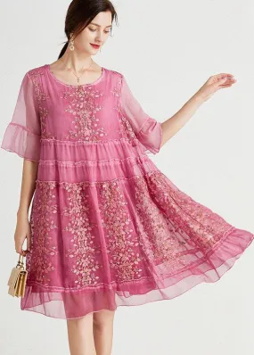 Elegant Rose Embroideried Patchwork Summer Dresses Half Sleeve