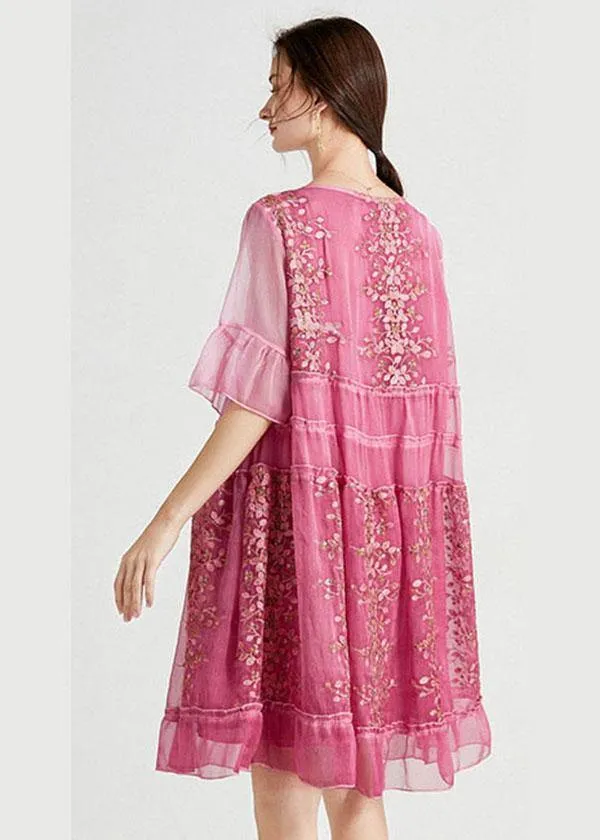 Elegant Rose Embroideried Patchwork Summer Dresses Half Sleeve