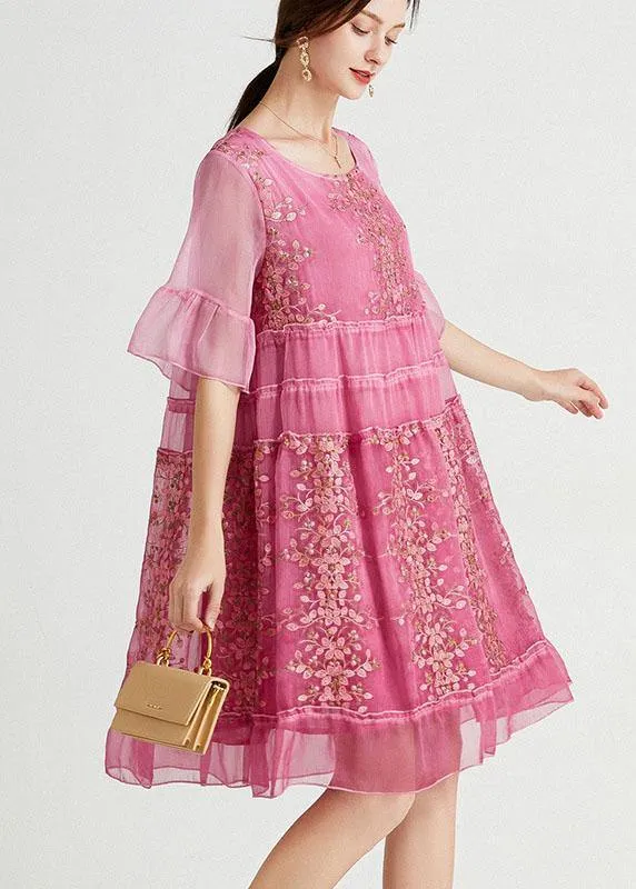 Elegant Rose Embroideried Patchwork Summer Dresses Half Sleeve