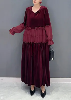 Elegant Wine Red Ruffled Lace Up Patchwork Velour Long Dresses Fall ML1490