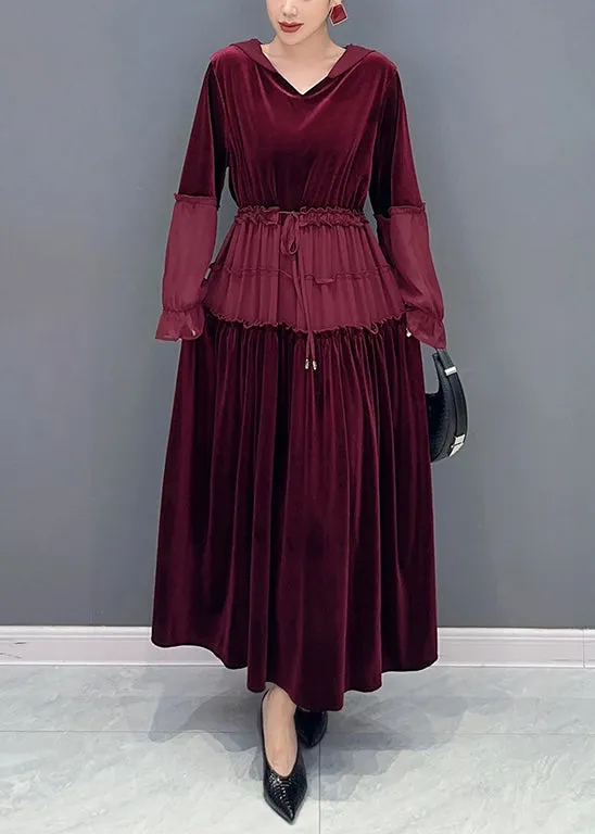 Elegant Wine Red Ruffled Lace Up Patchwork Velour Long Dresses Fall ML1490