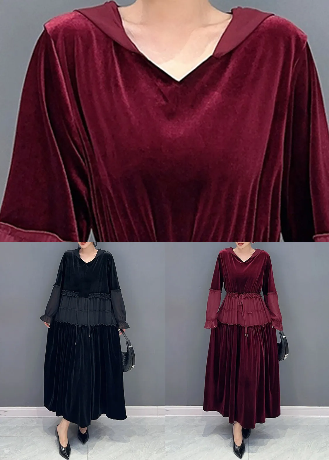 Elegant Wine Red Ruffled Lace Up Patchwork Velour Long Dresses Fall ML1490