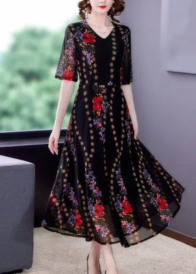 Fine Black V Neck Print Patchwork Tulle Long Dresses Summer LY5907