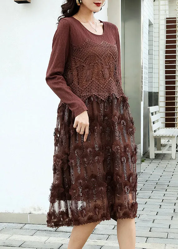 Fitted Coffee Embroideried Patchwork Knit Dresses Spring LY0009