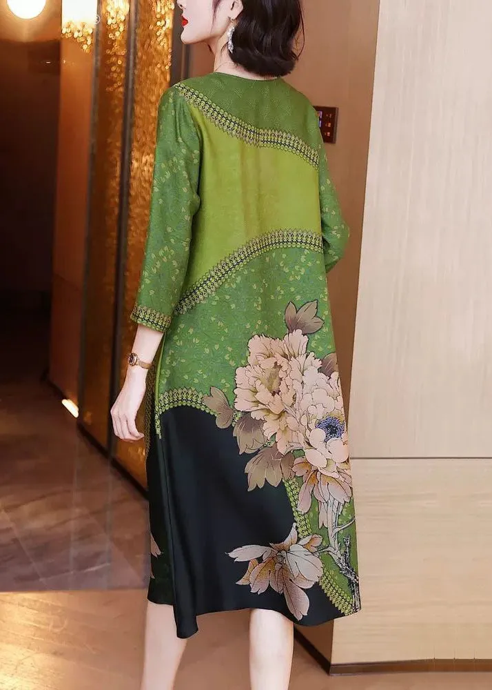 FLYTONN- Elegant Green O Neck Print Patchwork Silk Long Dresses Spring OP1080