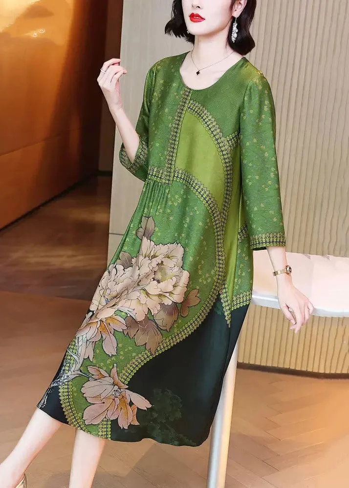 FLYTONN- Elegant Green O Neck Print Patchwork Silk Long Dresses Spring OP1080