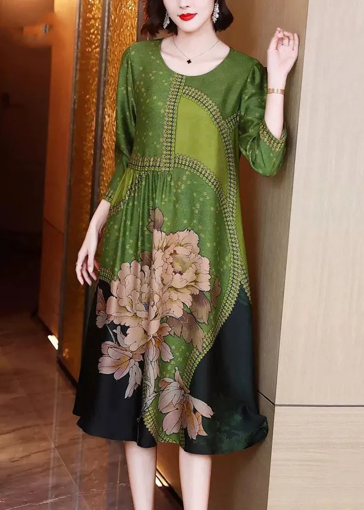 FLYTONN- Elegant Green O Neck Print Patchwork Silk Long Dresses Spring OP1080