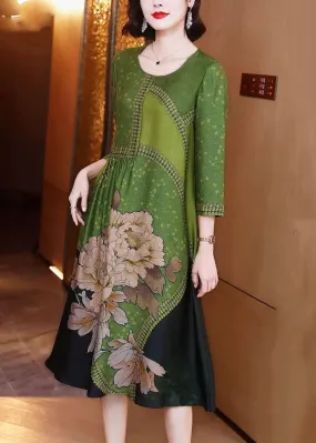 FLYTONN- Elegant Green O Neck Print Patchwork Silk Long Dresses Spring OP1080