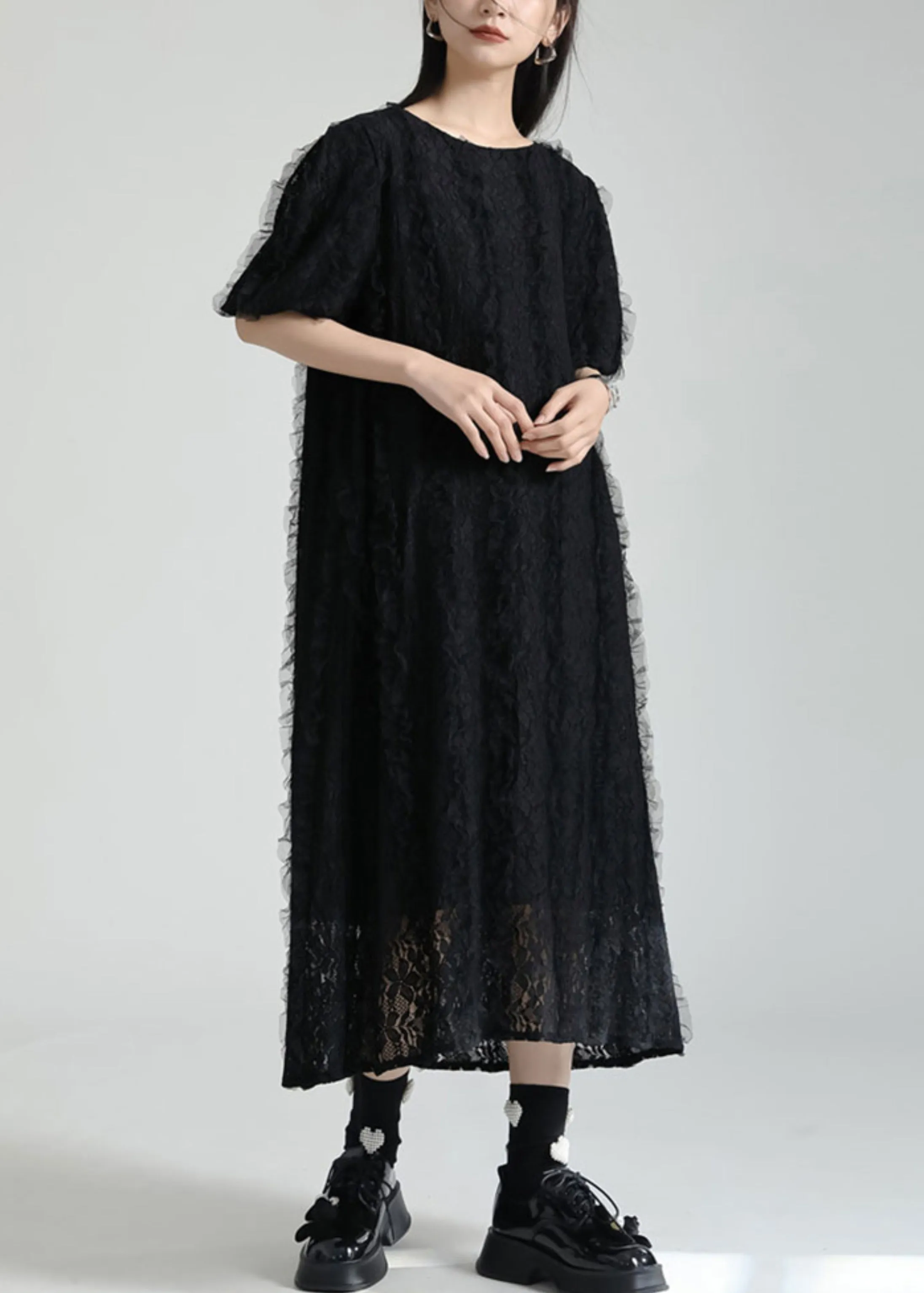 French Black O Neck Patchwork Lace Dresses Summer LY9478