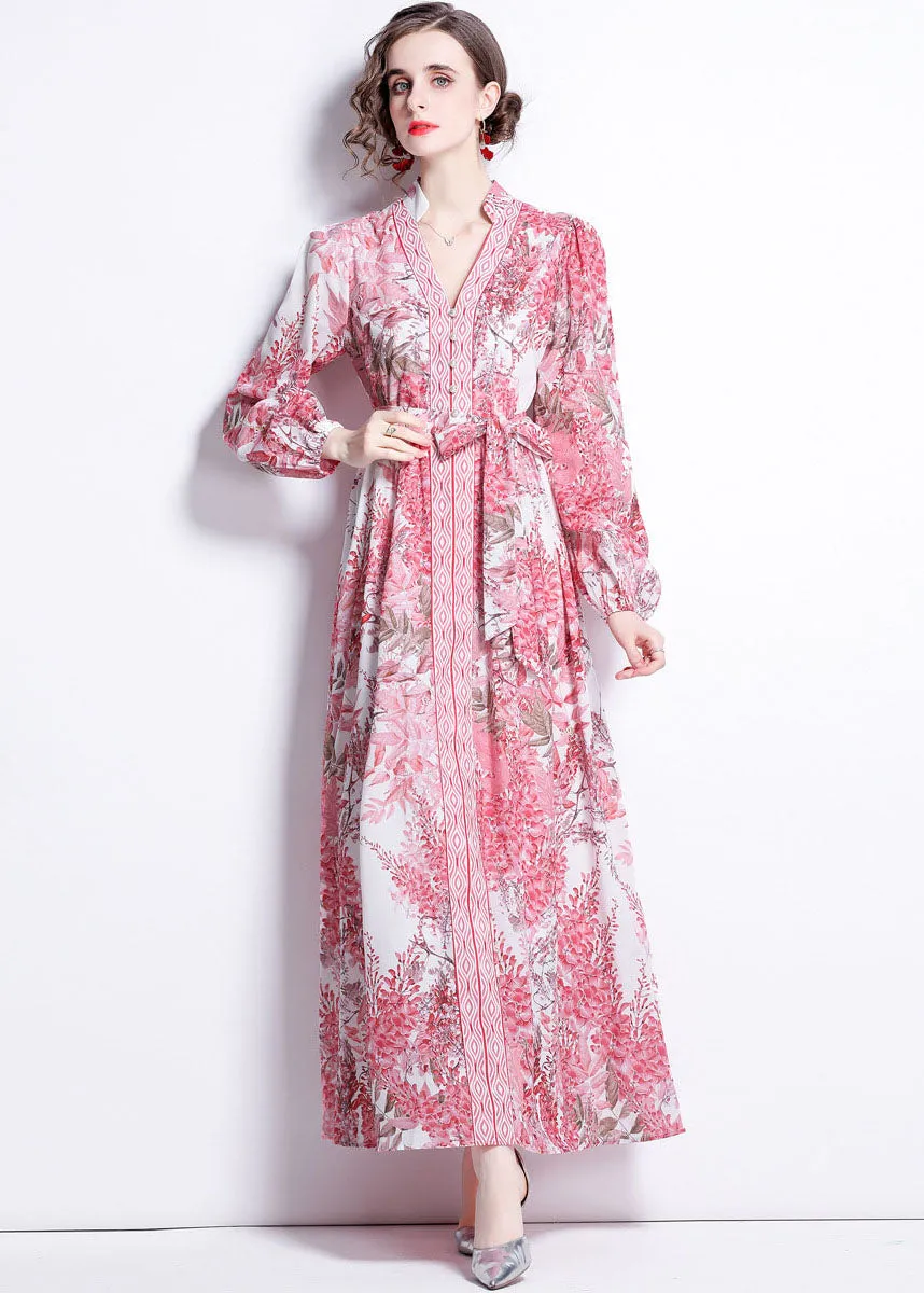 French Pink V Neck Tie Waist Print Patchwork Cotton Long Dresses Lantern Sleeve LY7430