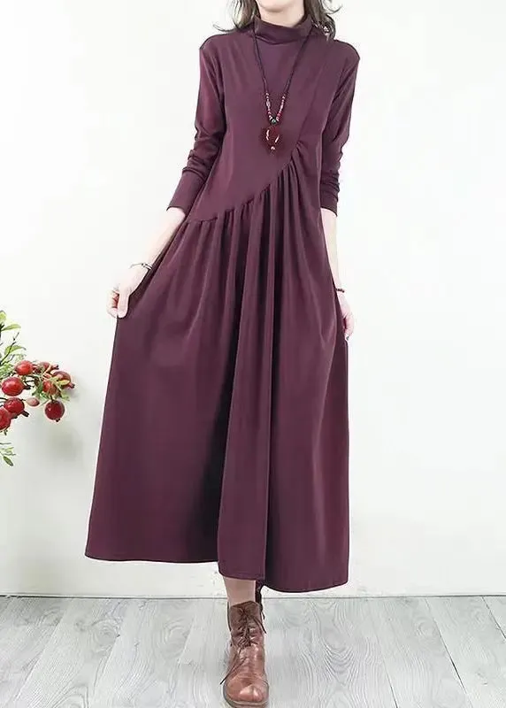 Handmade Purple Wrinkled Patchwork Cotton Long Dresses Fall ML0583