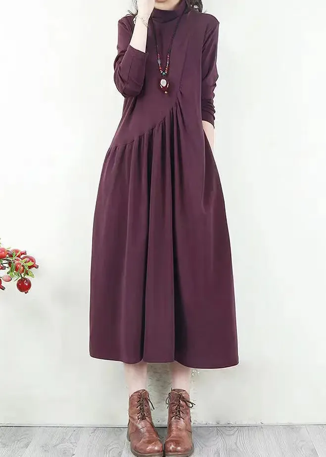 Handmade Purple Wrinkled Patchwork Cotton Long Dresses Fall ML0583