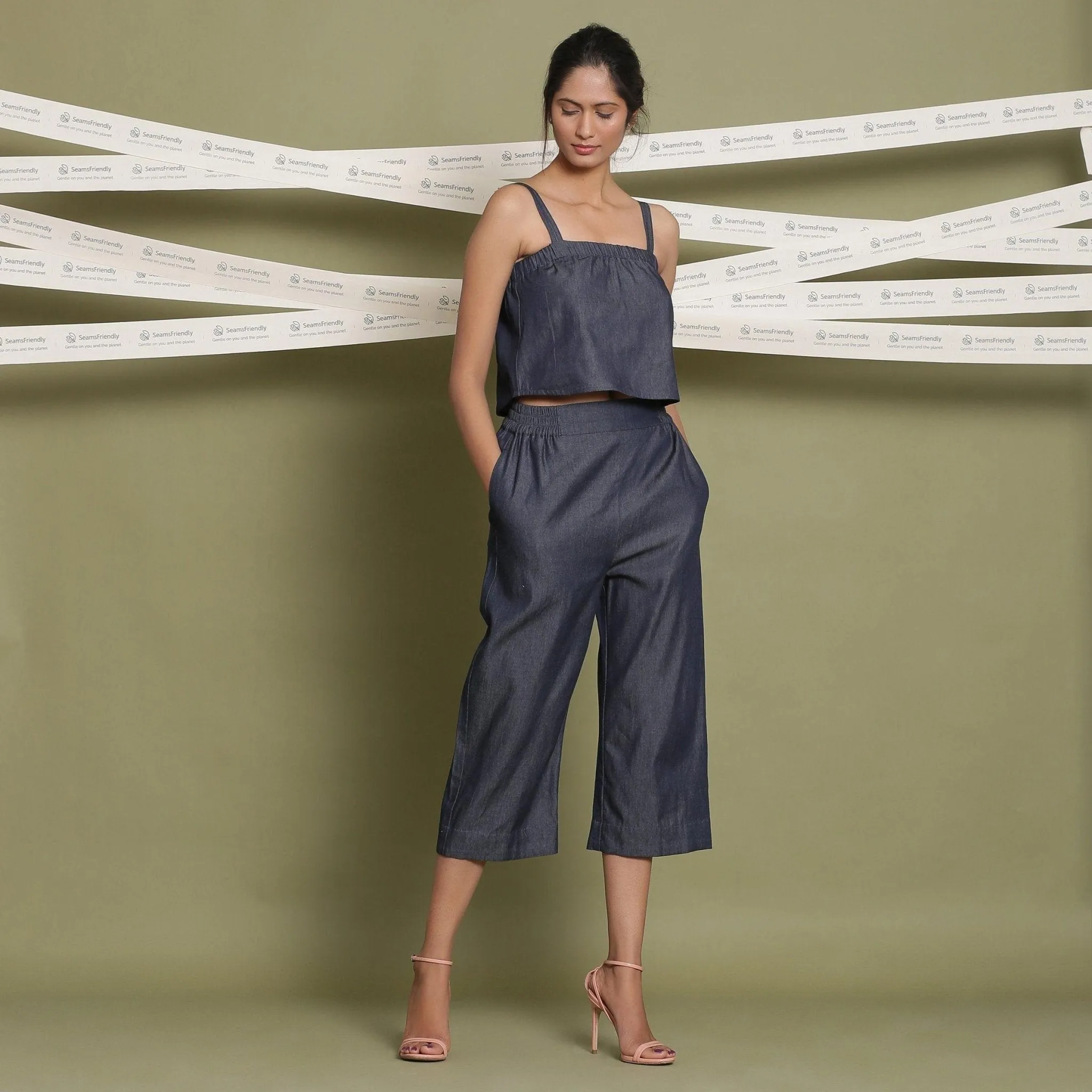 Indigo Cotton Denim Camisole Top and Indigo Mid-Rise Culottes Co-ord Set