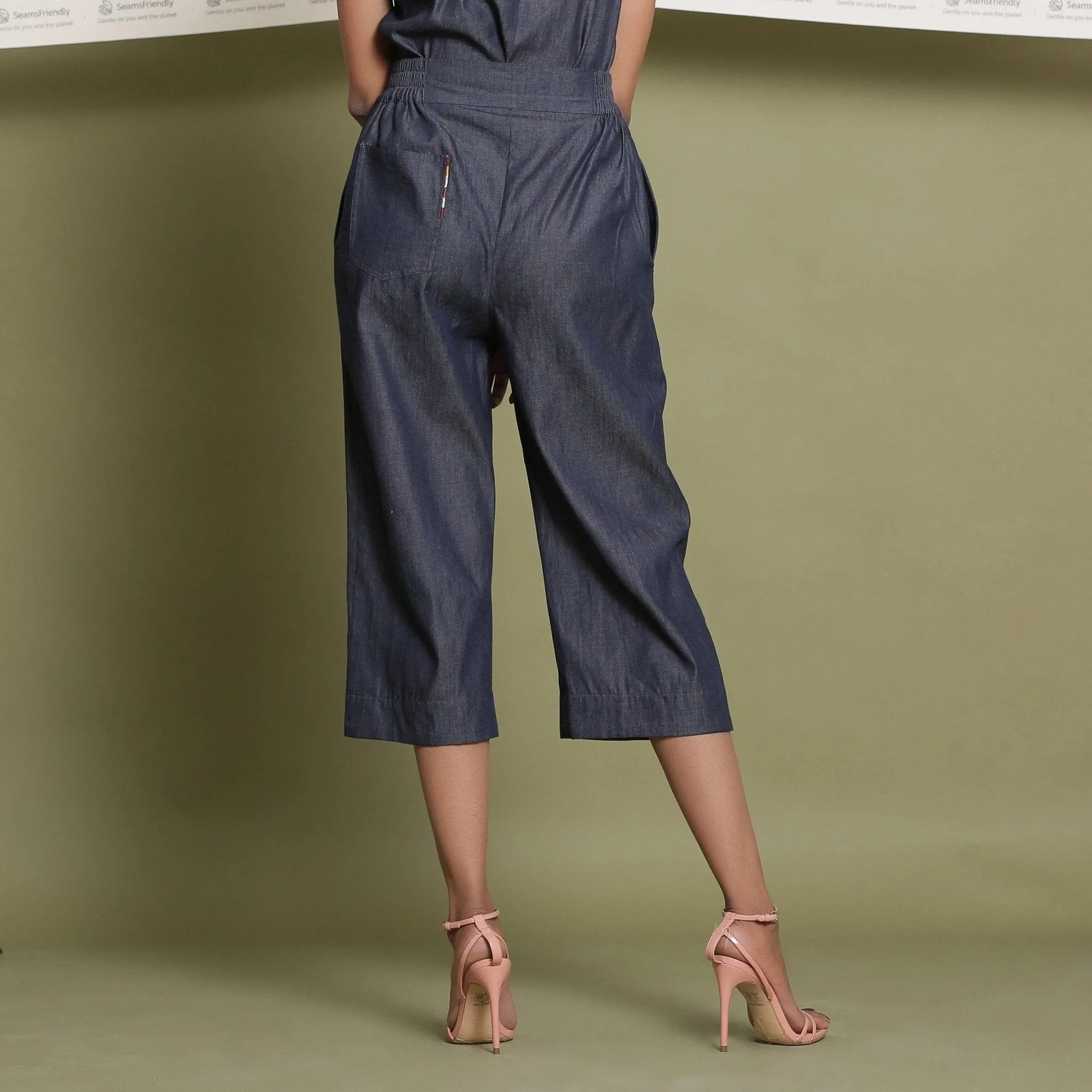 Indigo Cotton Denim Camisole Top and Indigo Mid-Rise Culottes Co-ord Set