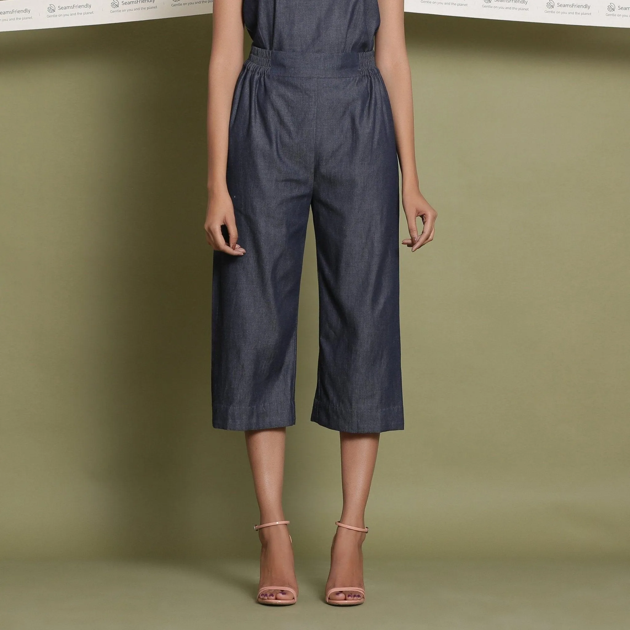 Indigo Cotton Denim Camisole Top and Indigo Mid-Rise Culottes Co-ord Set