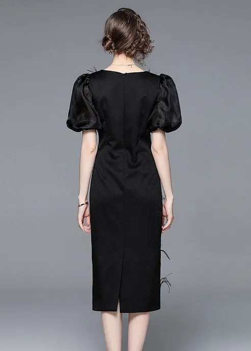 Italian Black Feather Zircon Patchwork Silk Long Dresses Puff Sleeve LY7415