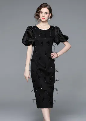 Italian Black Feather Zircon Patchwork Silk Long Dresses Puff Sleeve LY7415