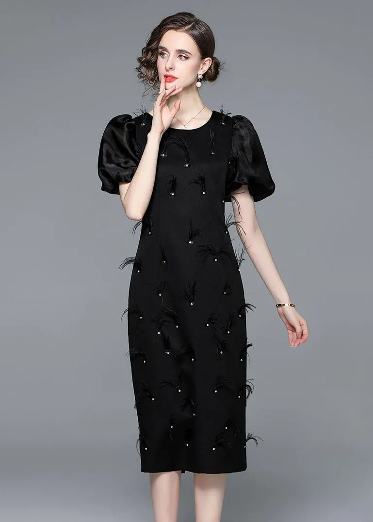 Italian Black Feather Zircon Patchwork Silk Long Dresses Puff Sleeve LY7415