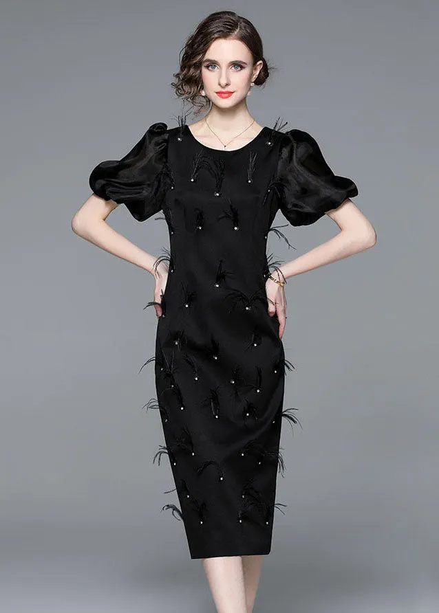 Italian Black Feather Zircon Patchwork Silk Long Dresses Puff Sleeve LY7415