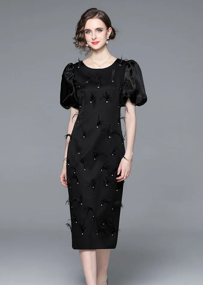 Italian Black Feather Zircon Patchwork Silk Long Dresses Puff Sleeve LY7415