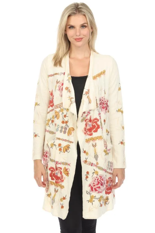 Johnny Was Biya Beige Danny Embroidered Cardigan Boho Chic B55824