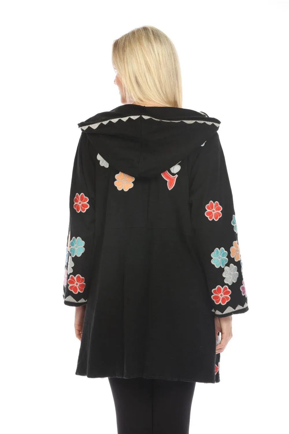 Johnny Was Biya Black Daisy Appliqué Hooded Cardigan Sweater Boho Chic B55724