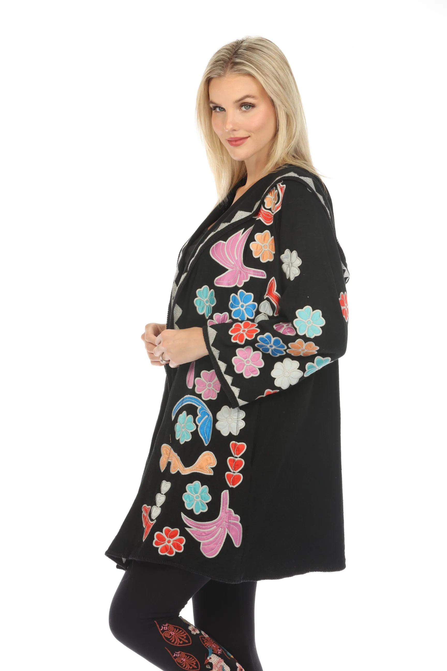 Johnny Was Biya Black Daisy Appliqué Hooded Cardigan Sweater Boho Chic B55724