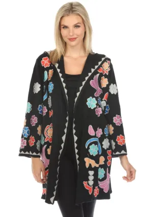 Johnny Was Biya Black Daisy Appliqué Hooded Cardigan Sweater Boho Chic B55724