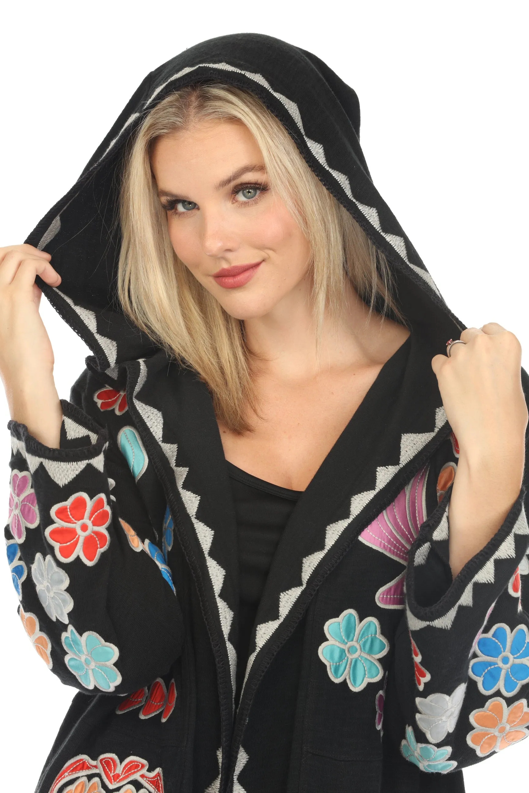 Johnny Was Biya Black Daisy Appliqué Hooded Cardigan Sweater Boho Chic B55724