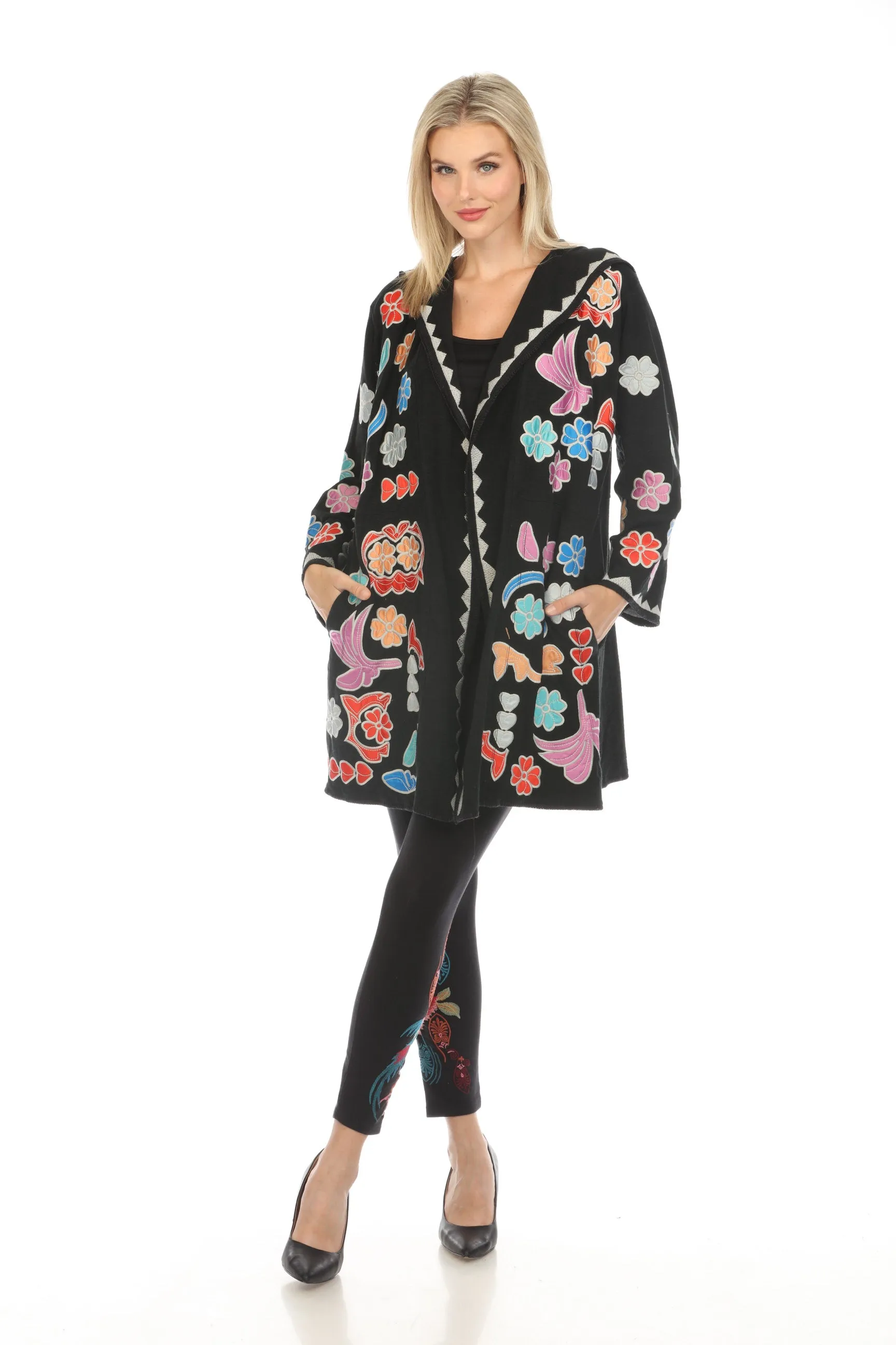 Johnny Was Biya Black Daisy Appliqué Hooded Cardigan Sweater Boho Chic B55724