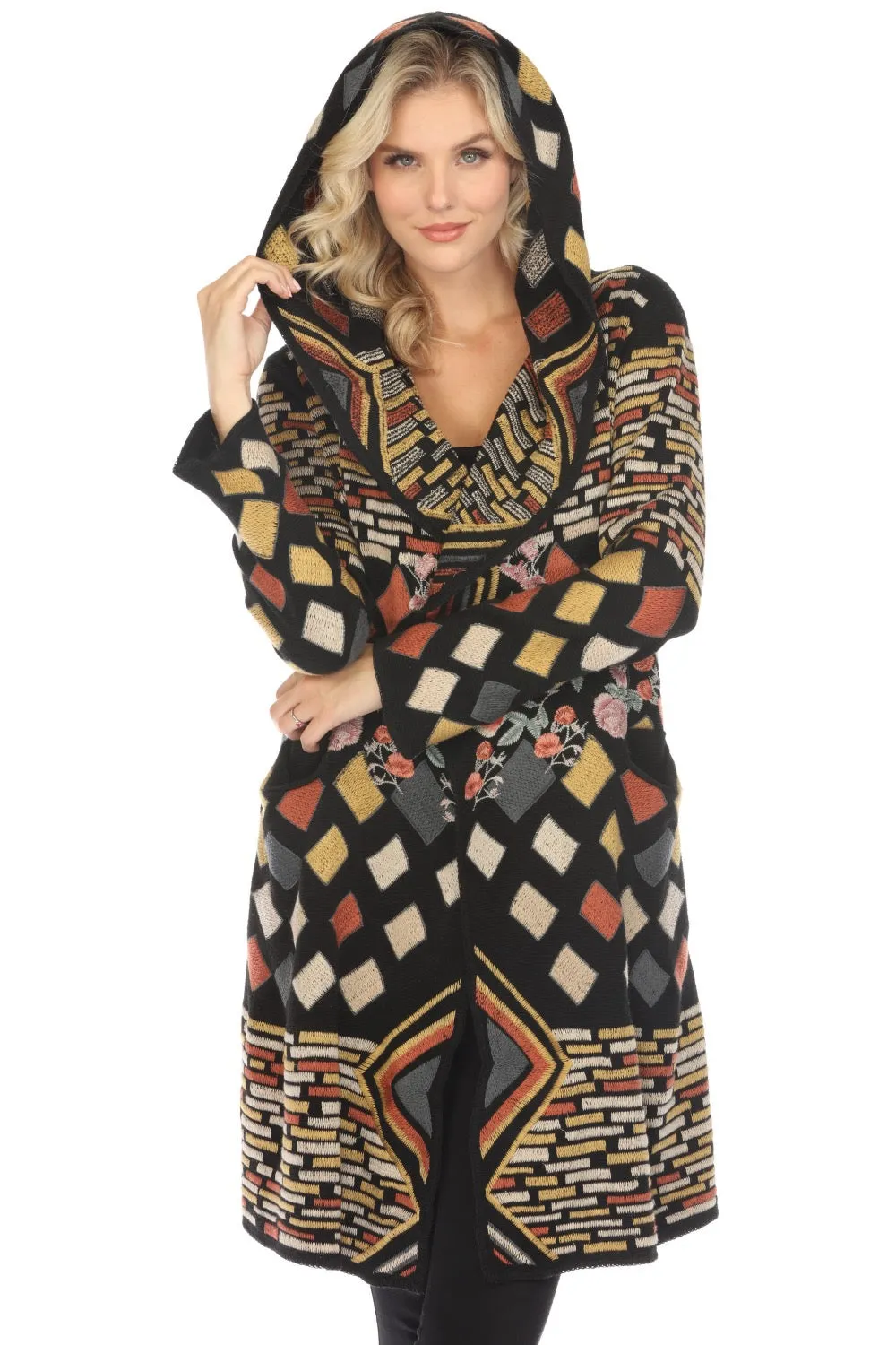 Johnny Was Biya Black Embroidered Hooded Cardigan Duster Boho Chic B63219