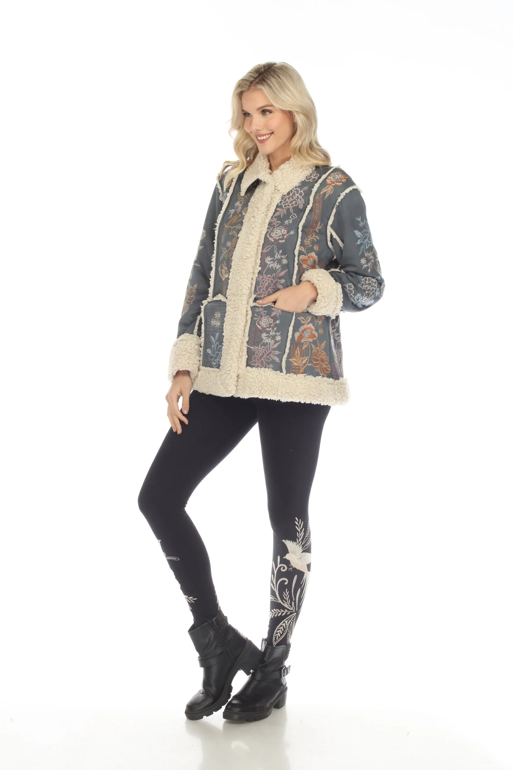 Johnny Was Biya Grey Splendid Suede Floral Embroidered Coat Boho Chic B49722-E