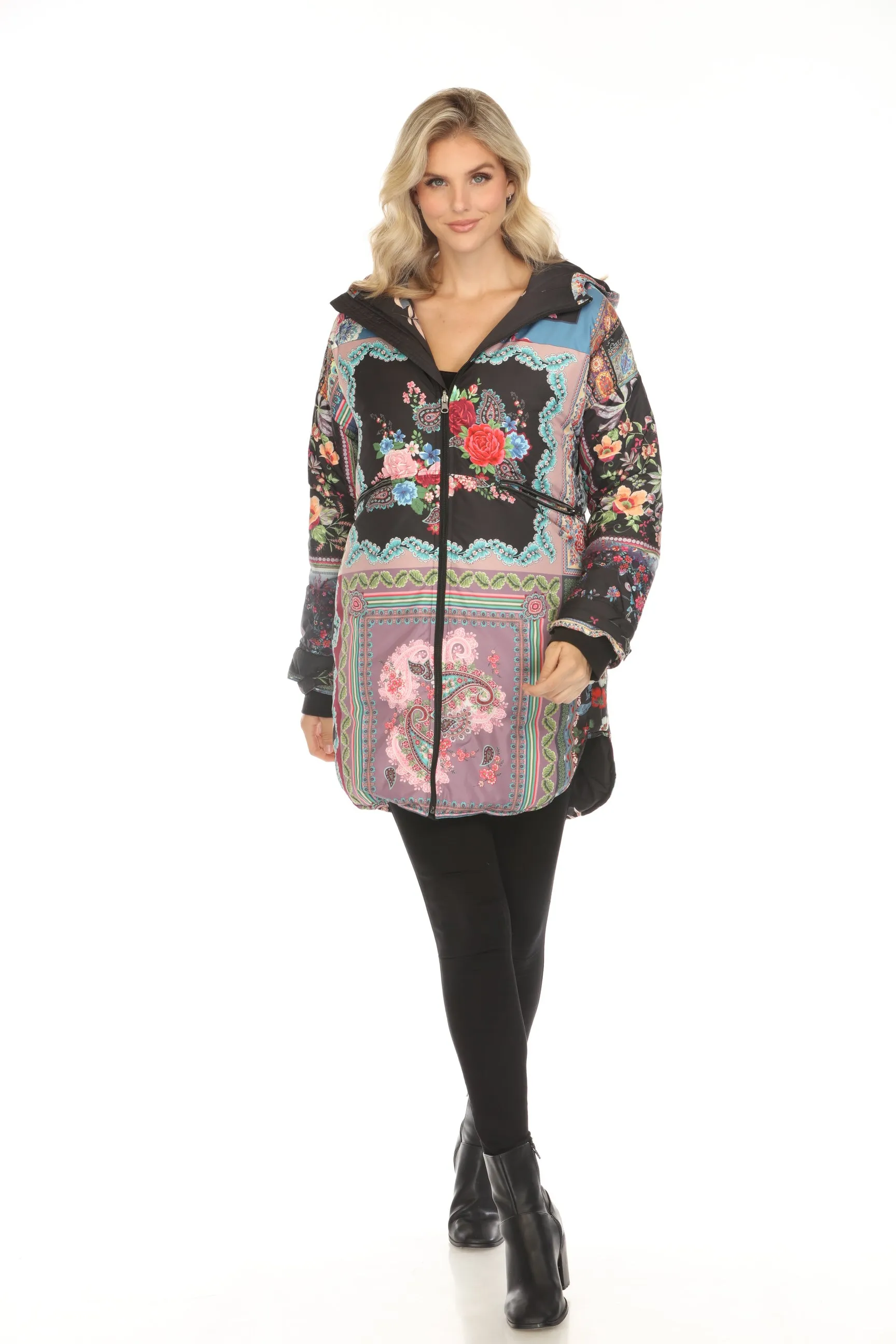 Johnny Was Black Floral Reversible Hooded Puffer Coat JW65670