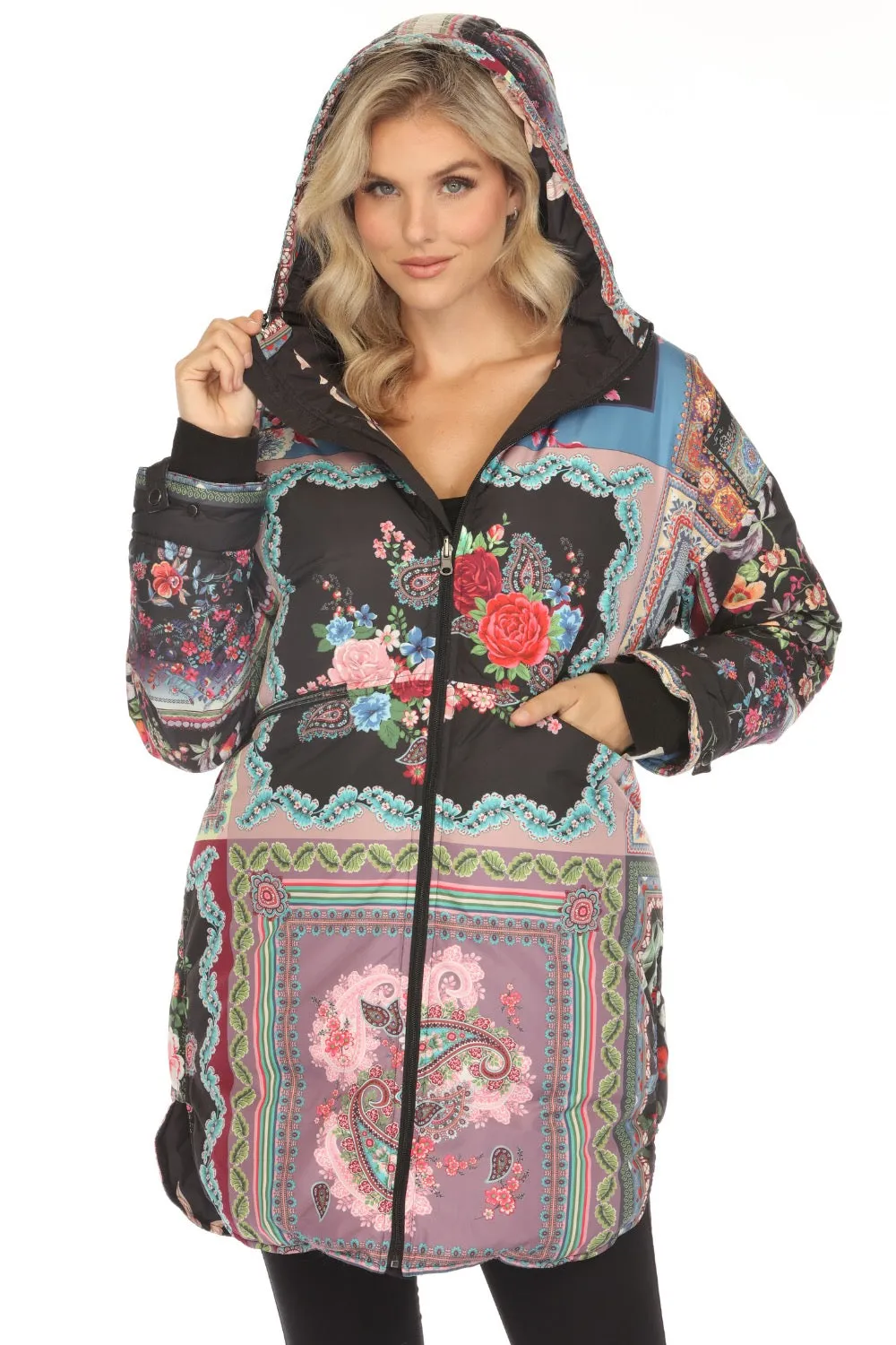 Johnny Was Black Floral Reversible Hooded Puffer Coat JW65670