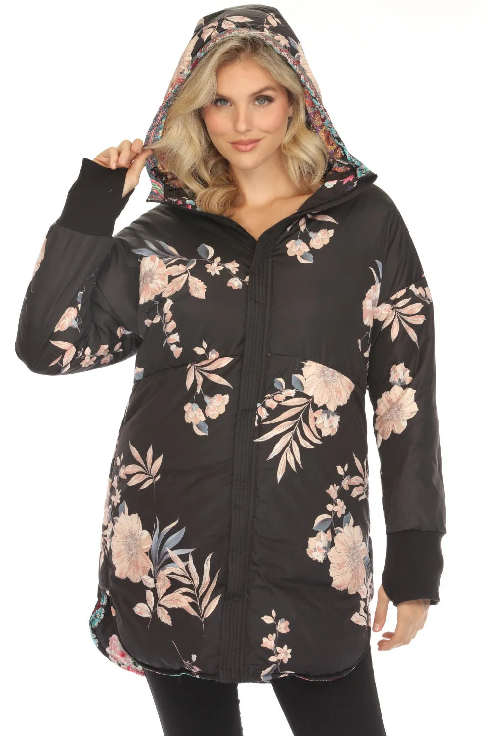 Johnny Was Black Floral Reversible Hooded Puffer Coat JW65670