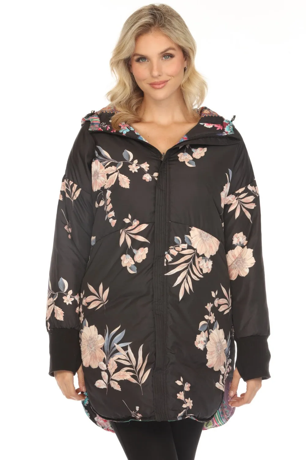 Johnny Was Black Floral Reversible Hooded Puffer Coat JW65670