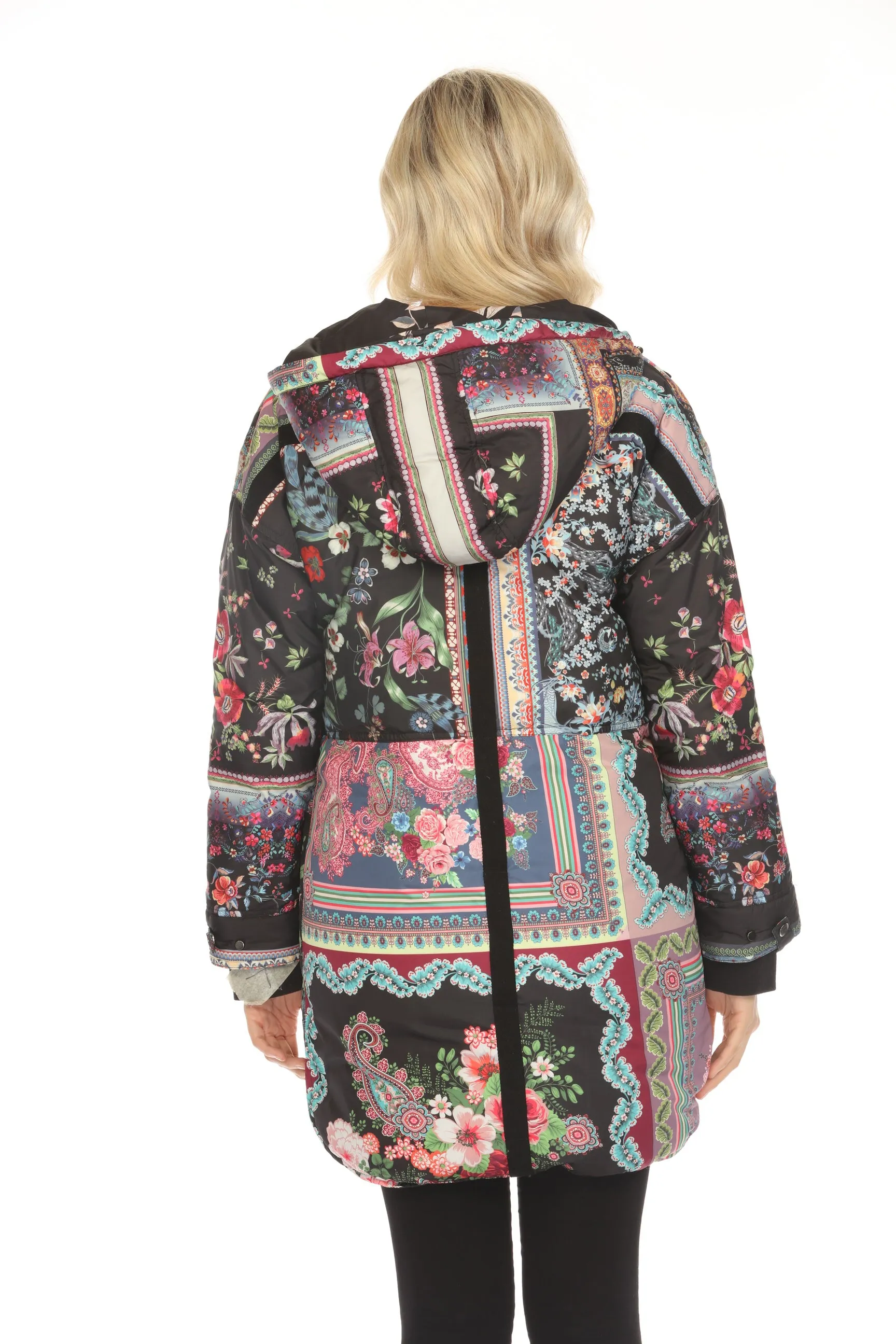 Johnny Was Black Floral Reversible Hooded Puffer Coat JW65670