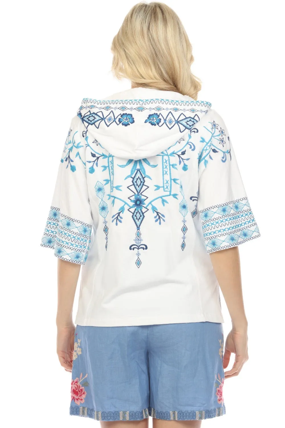 Johnny Was JWLA White Embroidered Zip Front Hooded Jacket Boho Chic J40924