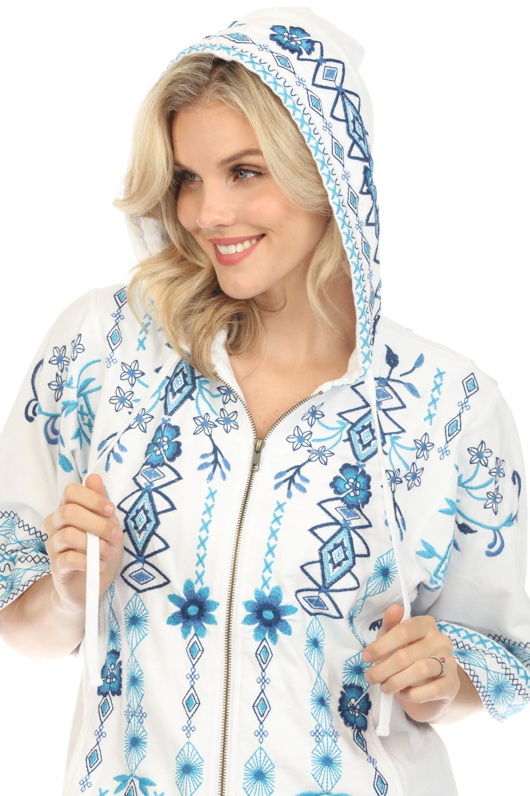 Johnny Was JWLA White Embroidered Zip Front Hooded Jacket Boho Chic J40924